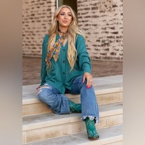 Waffle Knit Cardigan - Turquoise